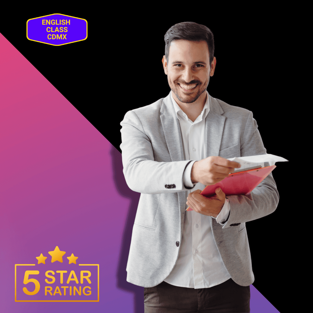 A confident English instructor presenting class materials, symbolizing the exceptional 5-star learning experience at English Class CDMX.