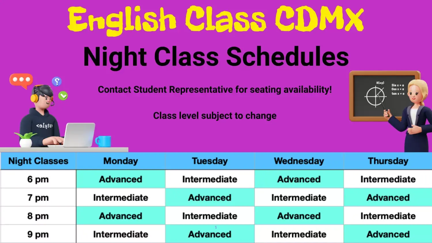 Detailed class schedules for night classes at English Class CDMX, showing intermediate and advanced English sessions from Monday to Thursday with options at 6 pm, 7 pm, 8 pm, and 9pm for flexibility.